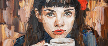 .The Girl In The Red Beret..A Woman Is Drinking Coffee In A Cafe. Oil Painting On Canvas.