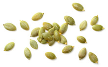 Pumpkin Seeds Isolated On The White Backgrounds, Top View