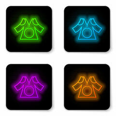 Canvas Print - Glowing neon line Kimono icon isolated on white background. Chinese, Japanese, Korean, Vietnamese wearing national costumes, kimono. Traditional Asian costumes. Black square button. Vector