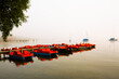 Pedal boats on the Ammersee in the morning, foggy day