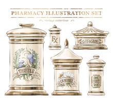 Set Of Hand Drawn Digital Illustrations Of Vintage Porcelain Pharmacy Containers With Herbs Labels And Golden Decoration For Books, Graphic Design, Package, Posters, Web Design, Labels, Postcards