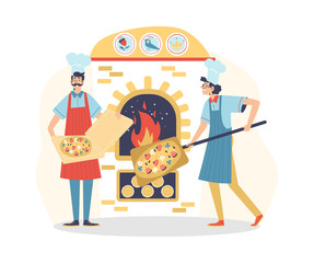 Wall Mural - Chef cooks putting pizza to brick stone flat vector illustration isolated.