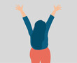 © SomethingCool! - Happy woman with raised hands. A joyful girl joins events with her open arms. Concept of happiness, inner peace, positive thinking, optimism and mental health wellbeing. Back view. Vector illustration