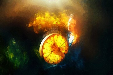 Fototapete - shamanic girl playing on drum in the nature.. Painting effect.