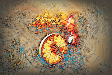 Poster - shamanic girl playing on drum in the nature and mosaic structure.