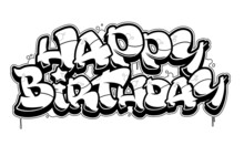 Happy Birthday Graffiti Congratulation Card. Black Line Isolated On White Background.