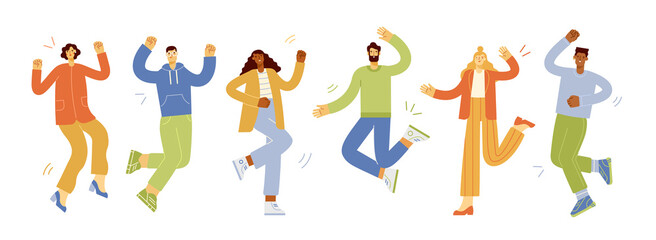 Wall Mural - Happy, jumping men and women in casual outfits. Team or group of people with hands up. Concept of victory and success. Colored flat vector illustration isolated on white background