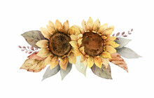 Watercolor Vector Autumn Bouquet With Sunflower, Leaves And Branches.