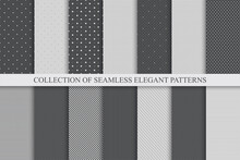 Collection Of Vector Geometric Seamless Patterns - Monochrome Minimalistic Design. Simple Dotted And Striped Textures - Endless Backgrounds. Black And Gray Textile Repeatable Prints