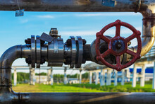 The Red Valve Is A Gate Valve On A Steel Pipe. Summer Landscape.