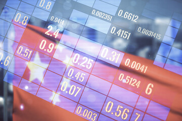 Poster - Double exposure of abstract virtual statistics data hologram on flag of China and blurry skyscrapers background, statistics and analytics concept