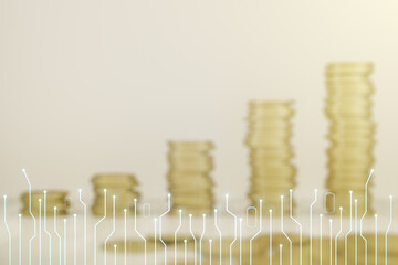 Poster - Double exposure of abstract virtual circuit hologram on growing stacks of coins background. Research and development hardware concept