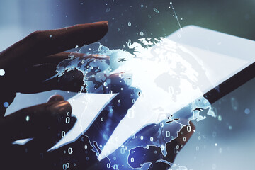 Poster - Multi exposure of abstract programming language hologram with world map and hand working with a digital tablet on background, artificial intelligence and neural networks concept