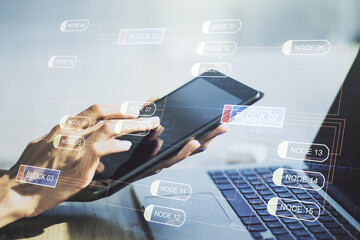Poster - Double exposure of abstract creative programming illustration and finger clicks on a digital tablet on background, big data and blockchain concept