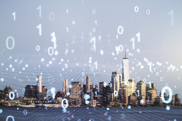 Poster - Abstract virtual binary code illustration on New York city skyline background. Big data and coding concept. Multiexposure
