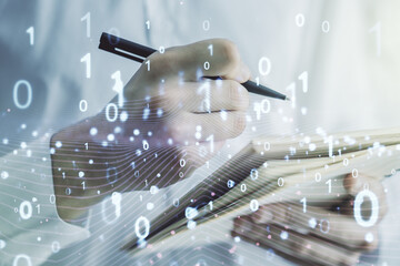 Leinwandbilder - Creative concept of binary code illustration and man hand writing in notebook on background. Big data and coding concept. Multiexposure