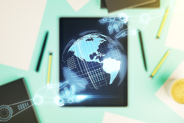 Aufkleber - Double exposure of robotics technology with world map hologram and digital tablet on background, top view. Research and development software concept