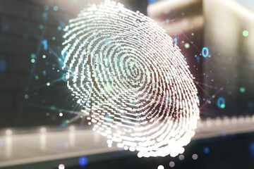 Fototapete - Multi exposure of virtual graphic fingerprint sketch on blurry contemporary office building background, fingerprint scan data concept