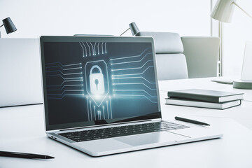 Poster - Modern computer monitor with creative lock hologram and chip. Information security concept. 3D Rendering