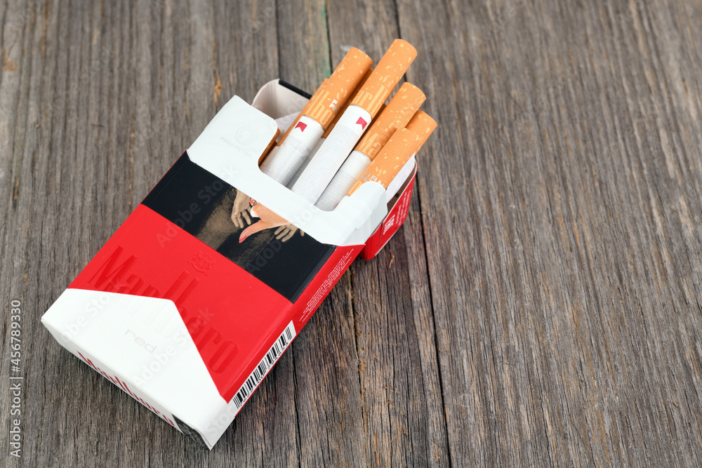 belarus tobacco Belarus, Minsk - 12.09.2021:Marlboro cigarettes made by Philip Morris.  Marlboro is the best-selling cigarette brand in the world. Illustrative  publication photo Stock Photo