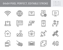 Internet Line Icons. Vector Illustration Include Icon - Satellite Dish, Provider, Wifi, Cctv Camera, Laptop, Optical Cable, Patch Cord Outline Pictogram For Web. 64x64 Pixel Perfect, Editable Stroke
