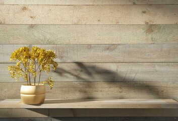 Wall Mural - Wooden wall with a shelf and tree branches in a pot. 3D rendering.