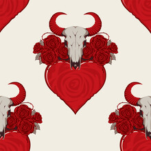 Seamless Pattern On The Theme Of Love And Death. Vector Background With Skulls Of Bulls, Red Hearts, Roses And Barbed Wire. Suitable For Wallpaper, Wrapping Paper Or Fabric Design