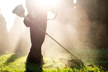 Lawn mover on green grass. Machine for cutting lawns.