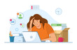 Tired office worker.Professional burnout syndrome.Sad, unhappy woman at workplace with paper document piles vector illustration.
Deadline concept.Busy overworked woman with laptop holding hand on head