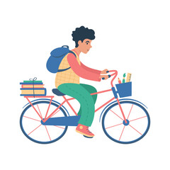 Wall Mural - Boy riding a bicycle to school. flat style illustration.