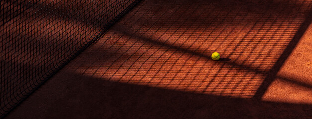 Wall Mural - Orange tennis court net  and ball with shadows. Horizontal sport poster, greeting cards, headers, website