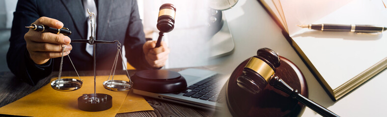 Business and lawyers discussing contract papers with brass scale on desk in office. Law, legal services, advice, justice and law concept picture with film grain effect