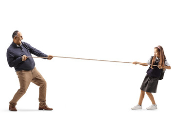 Poster - Full length profile shot of a schoolgirl pulling a rope from one side and mature man on the other side