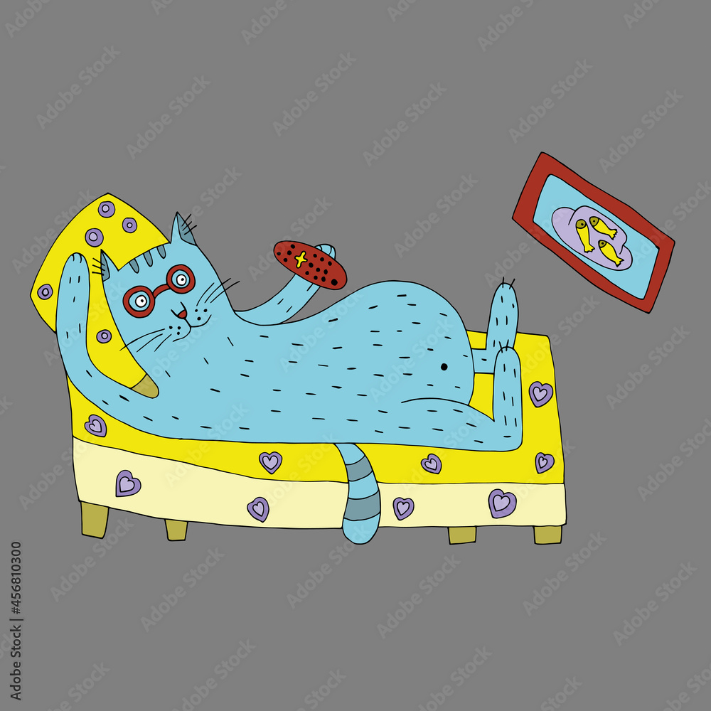 A funny cat watches TV, holds a TV remote control in his hands. Vector. Cartoon. Coloring pages for children and adults. Comics. Doodles