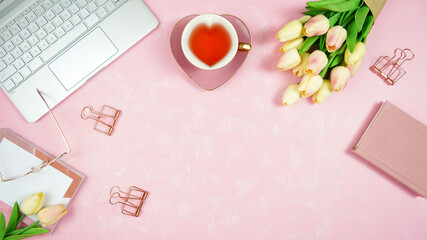 Wall Mural - Feminine pink theme desktop workspace with mockups on stylish textured background. Top view blog hero header creative composition flat lay.