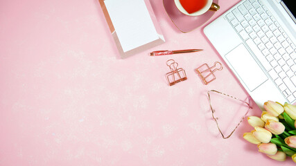 Wall Mural - Feminine pink theme desktop workspace with mockups on stylish textured background. Top view blog hero header creative composition flat lay.
