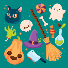 Wall Mural - hand drawn flat halloween elements collection vector design illustration