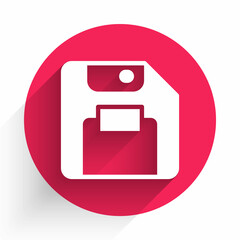 Poster - White Floppy disk for computer data storage icon isolated with long shadow background. Diskette sign. Red circle button. Vector