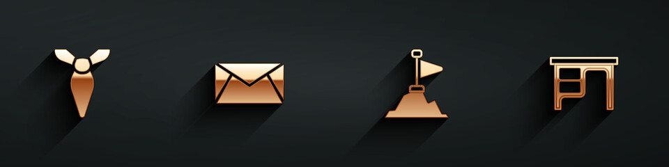 Poster - Set Tie, Mail and e-mail, Mountains with flag on top and Office desk icon with long shadow. Vector