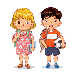 Wall Mural - Cute boy and girl with backpack holding book and football ready going to school. Vector illustration