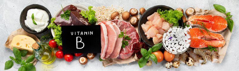 Food high in vitamin B on light gray background.