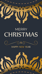 Flyer merry christmas and happy new year dark blue color with winter gold ornament