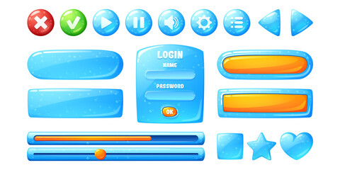Wall Mural - Buttons with blue jelly texture for user interface design in game. Vector cartoon set of ui elements from water with bubbles, check box, stop, play and pause buttons and login frame