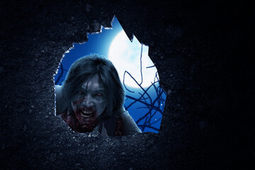 Poster - Wall hole with a scary zombie standing