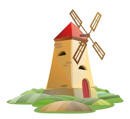 Wall Mural - Old Windmill. Garden hills. Rural farm landscape. Cute funny cartoon design illustration. Isolated on white background. Flat style. Vector.