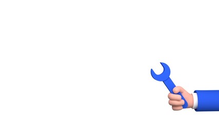 White horizontal banner with copy space and cartoon human hand holding wrench. Repair concept. 3d render illustration.