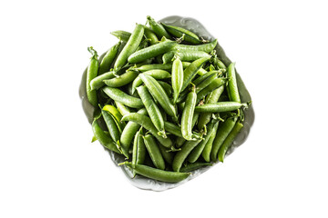 Wall Mural - Fresh Green pea pods in white bowl isolated on white background