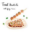 Toasted meatballs topped with spicy sauce tasty street food. Vector illustration on white background.