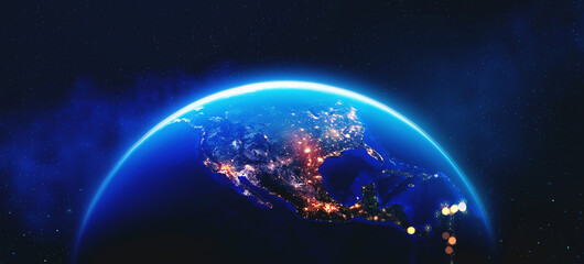 Poster - View from space. Art concept. Earth orbit. North America and night lights of cities. Planet in space 3d illustration. Elements of this image are furnished by NASA