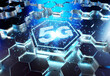 © sdecoret - 5G icon concept engraved on metal hexagonal pedestral background. Wireless technology logo glowing on abstract digital surface. 3d rendering